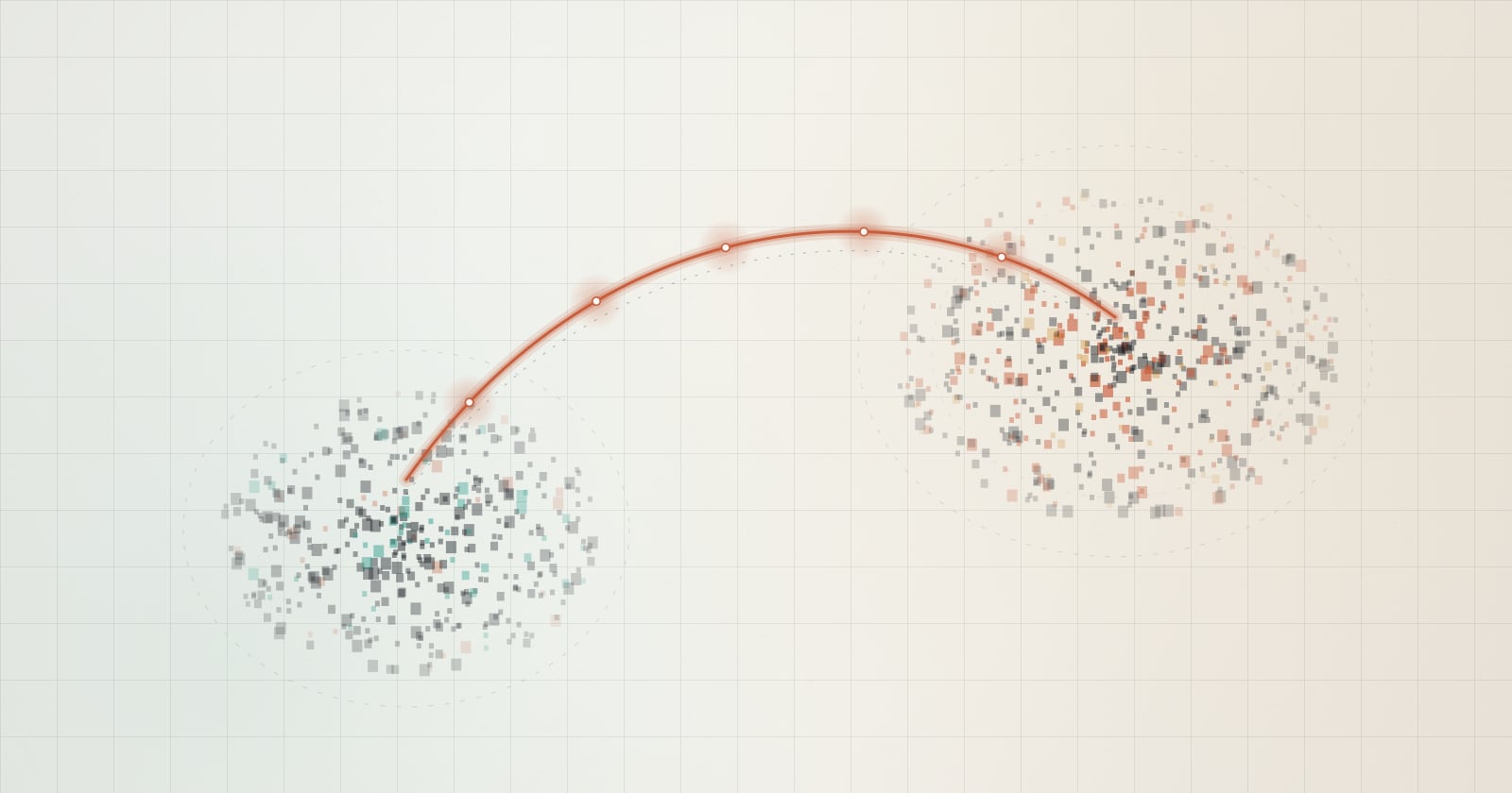 Two clusters of density glyphs on cream paper, a cool teal team on the left and a warm rust team on the right, joined by a glowing rust thread arcing between them