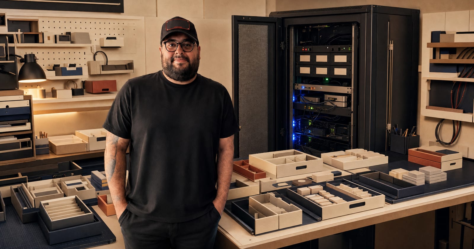 Alican Kiraz in a warm workshop of modular paper trays, equipment racks, and carefully routed cables