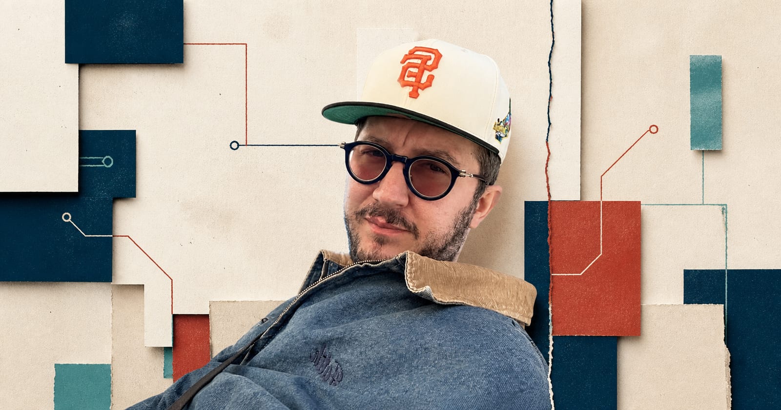 Fatih Kadir Akın in his cap and round glasses, set within layered cream, navy, rust, and teal paper shapes connected by fine lines