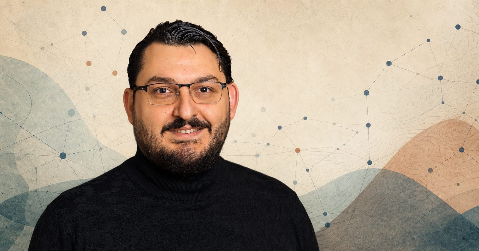 Ilkcan Keles against a cream paper landscape of linked nodes, contour lines, and layered map-like fields