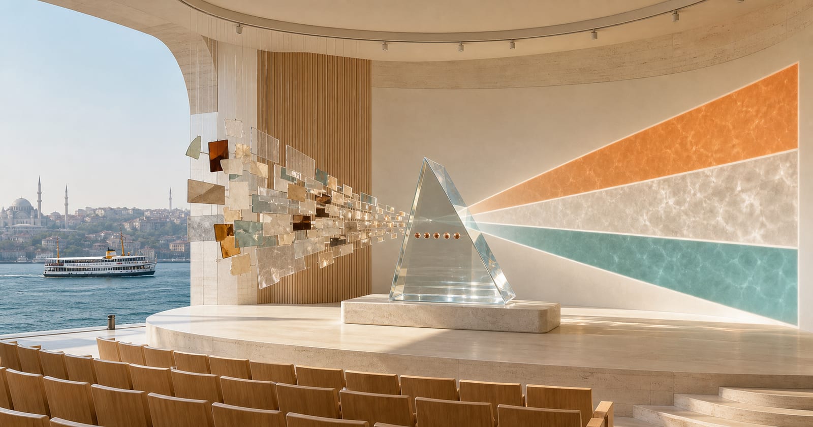 Suspended production fragments pass through a glass prism on a bright Bosphorus-facing conference stage and emerge as three clear planes of light